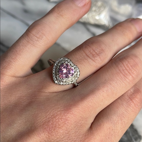 🌹 FReE w/purchase Heart Shaped Pink Stone Silver Ring double halo - Picture 3 of 17